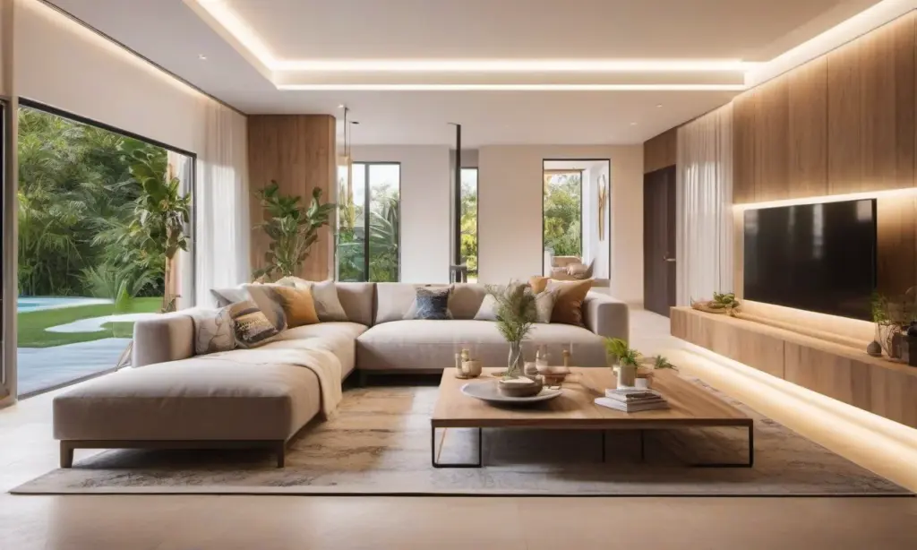 Sala de estar moderna com iluminação indireta de fitas de LED.