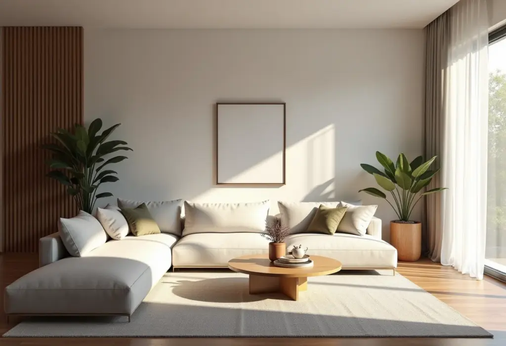 Sala de estar moderna com iluminação natural e design minimalista