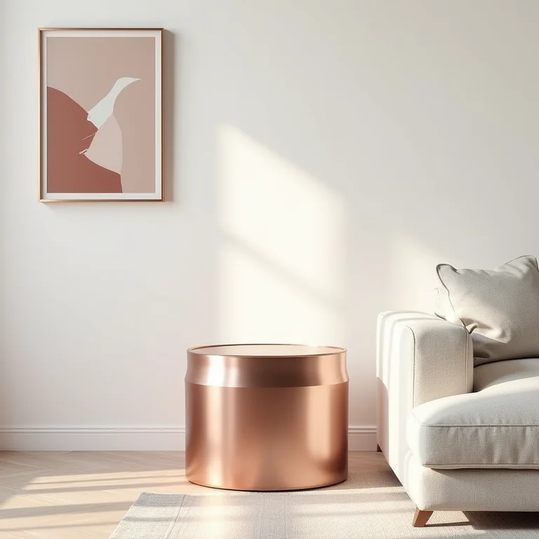 Sala de estar moderna com mesa lateral em rose gold.