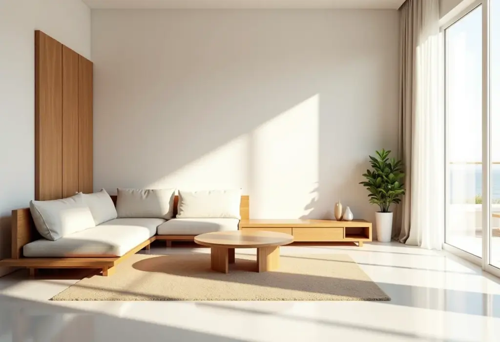 Sala de estar moderna com móveis planejados em madeira clara