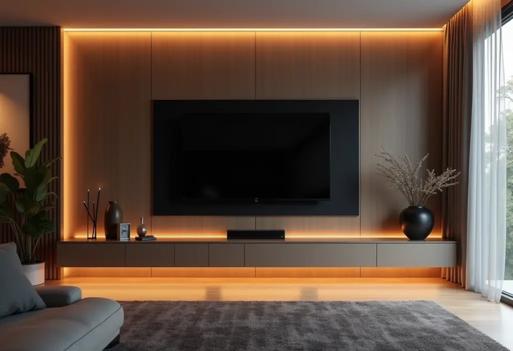 Sala de estar moderna com painel de TV que esconde os fios