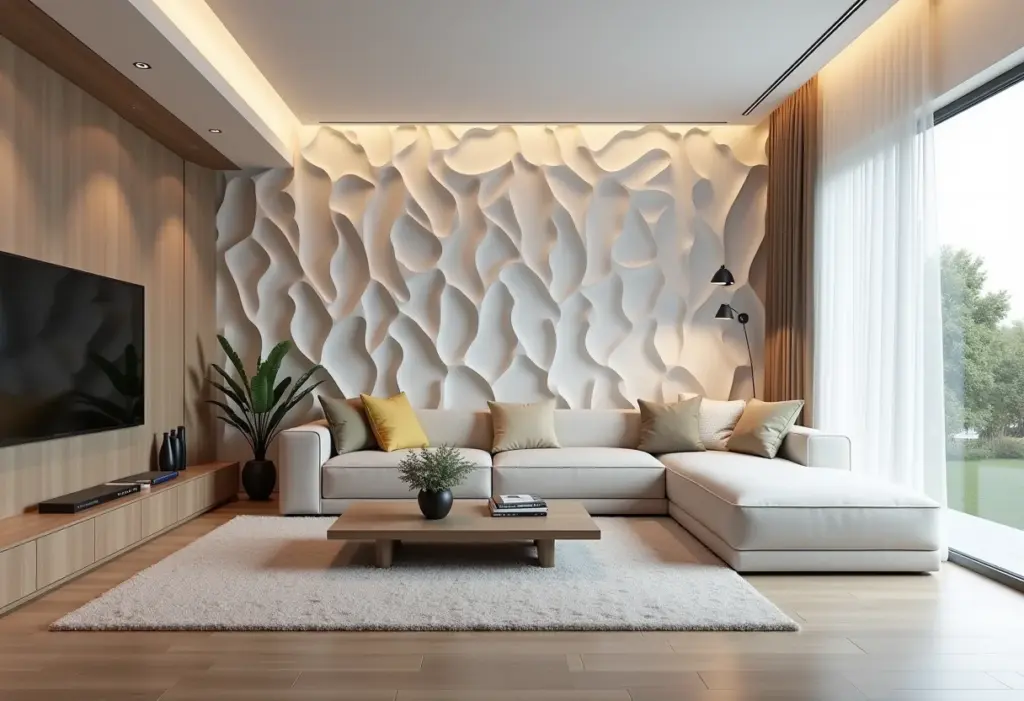 Sala de estar moderna com papel de parede 3D que imita relevo.