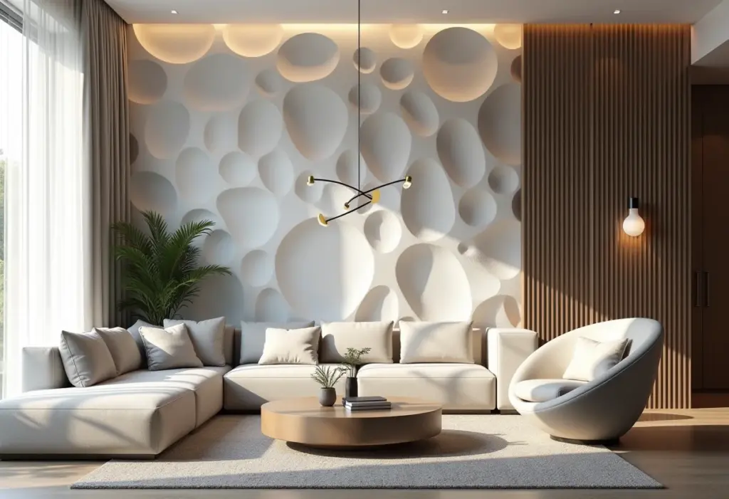 Sala de estar moderna com papel de parede 3D texturizado.