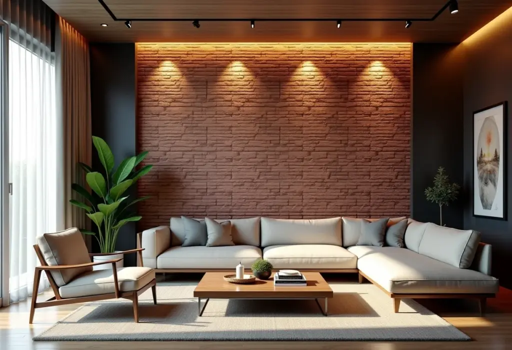Sala de estar moderna com papel de parede de tijolinho 3D realista.