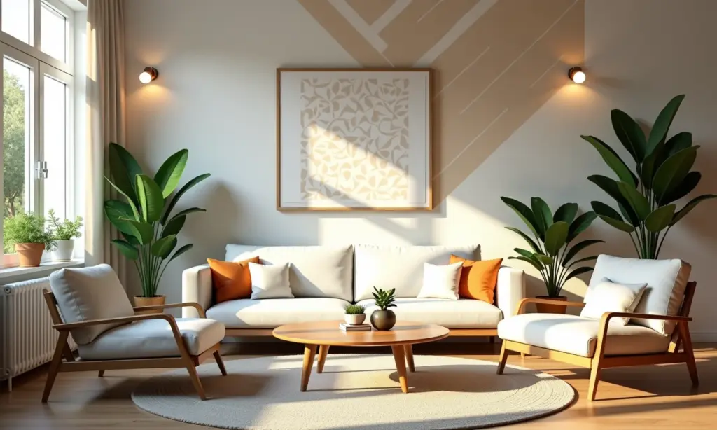 Sala de estar moderna com parede de destaque em papel de parede geométrico.