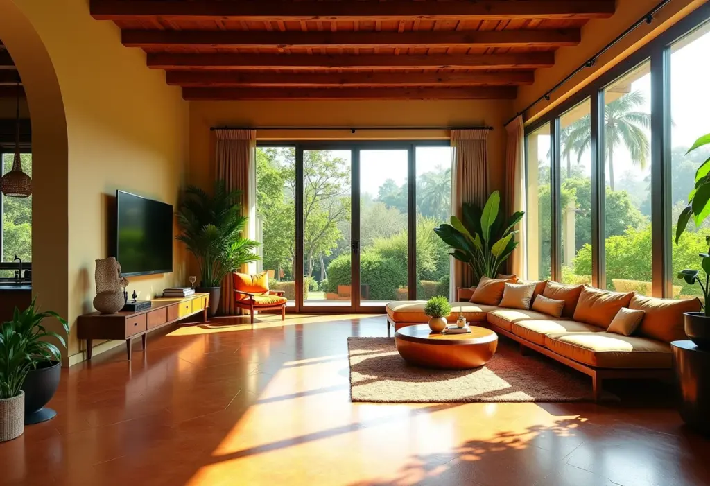 Sala de estar moderna com piso de cimento queimado e decoração vibrante.