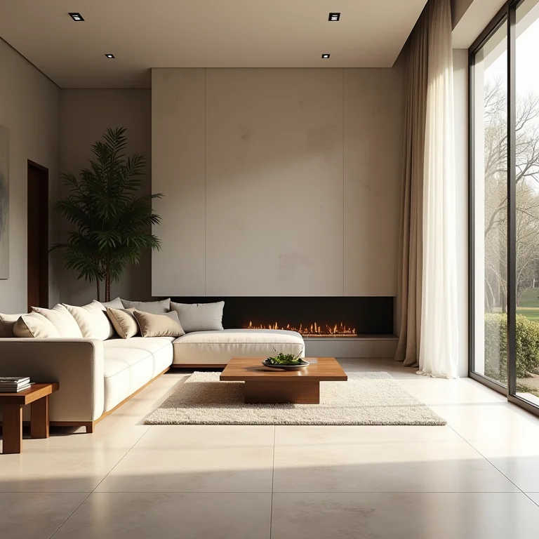 Sala de estar moderna com piso de grandes formatos.