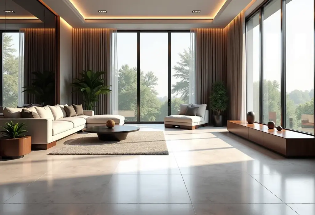 Sala de estar moderna com piso de granilite e iluminação natural.