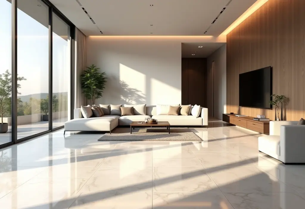 Sala de estar moderna com piso de granilite neutro