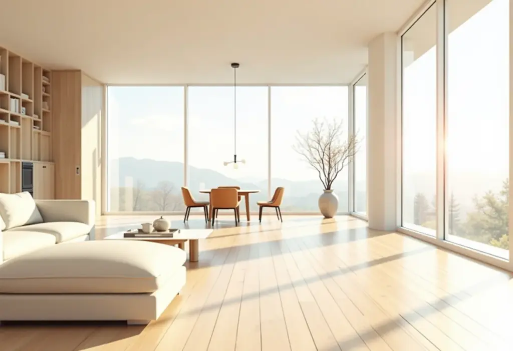 Tendências de pisos: O que vai bombar na sua casa em 2025 Sala de estar moderna com piso de madeira clara e iluminação natural.