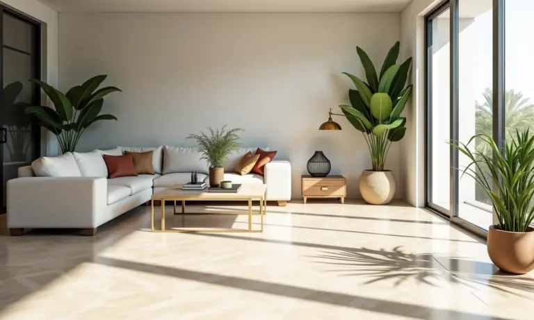 Sala de estar moderna com piso de porcelanato Calacatta, iluminação natural e decoração minimalista.