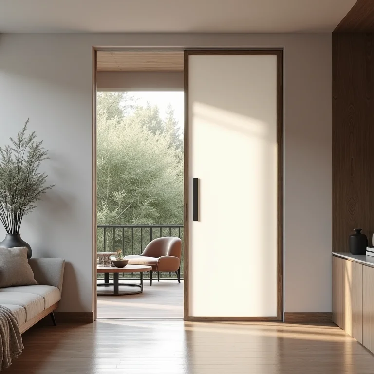 Sala de estar moderna com porta de vidro pivotante e puxador minimalista.