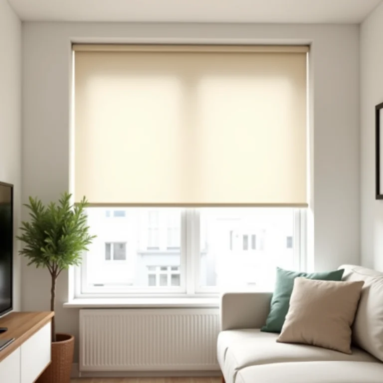 Sala de estar pequena com cortina rolô de cor clara, ampliando o espaço.