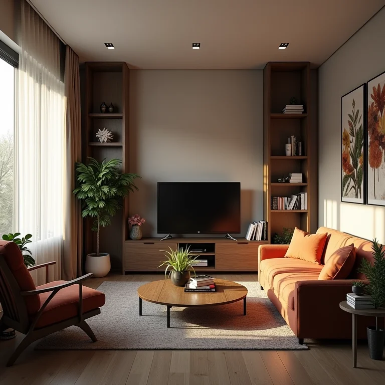 Sala de estar pequena com móveis desproporcionais