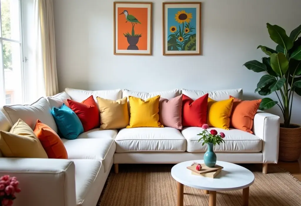 Almofadas divertidas: O toque ‘fun’ Sala de estar vibrante com almofadas coloridas em estilo Farm Rio.