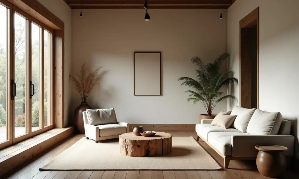 Sala de estar wabi-sabi com móveis de madeira envelhecida e luz natural.