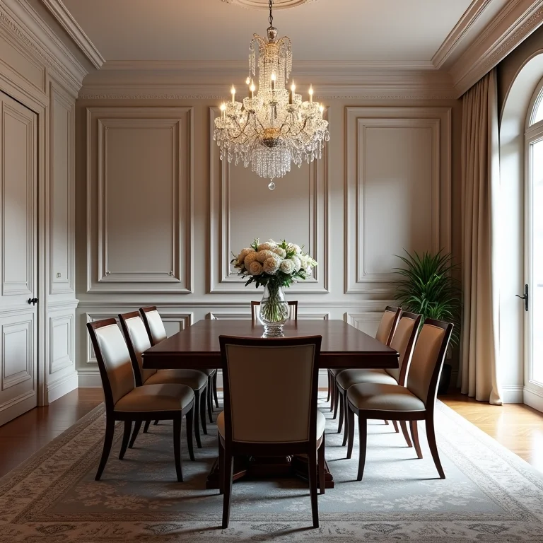 Sala de jantar clássica com mesa de mogno e lustre de cristal.