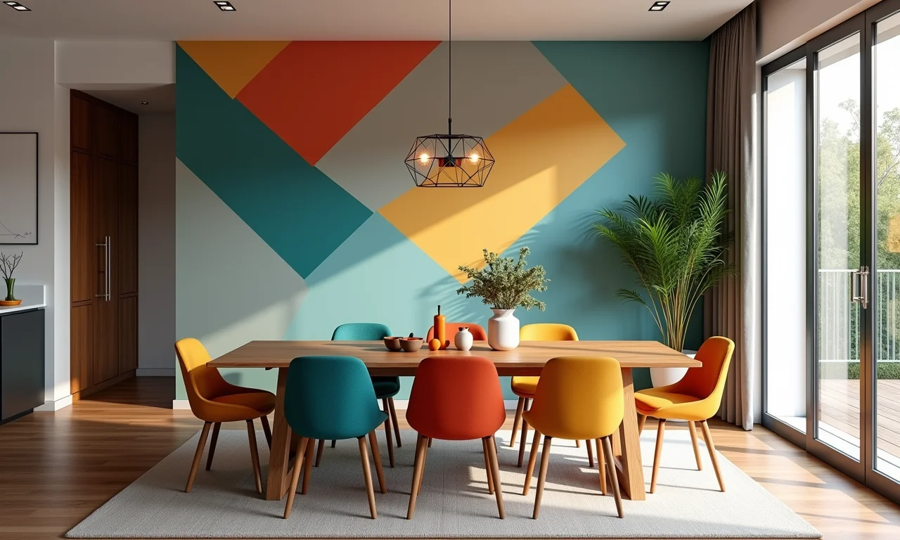 Sala de jantar com papel de parede geométrico, harmonizando com o estilo da decoração.