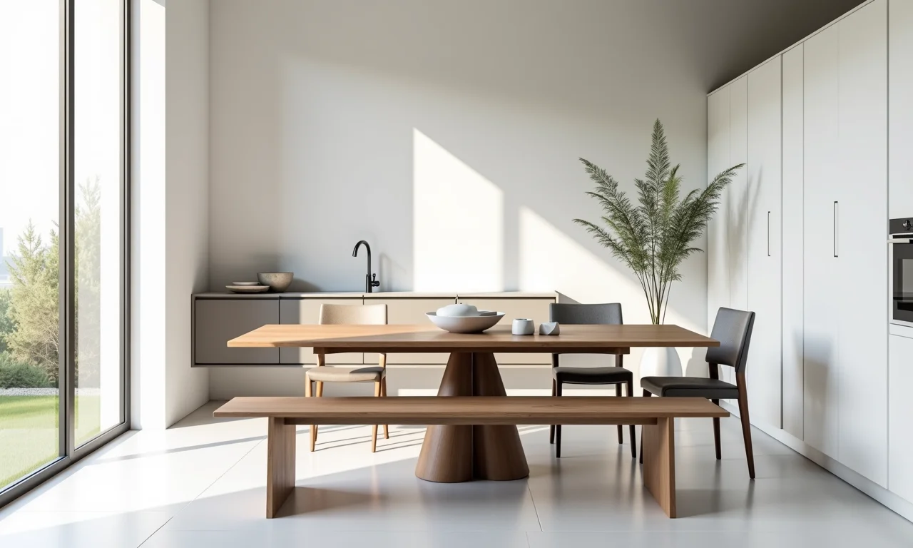 Sala de jantar contemporânea com banco de design moderno.