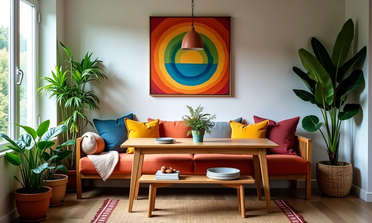 Sala de jantar decorada com banco, almofadas coloridas e plantas.