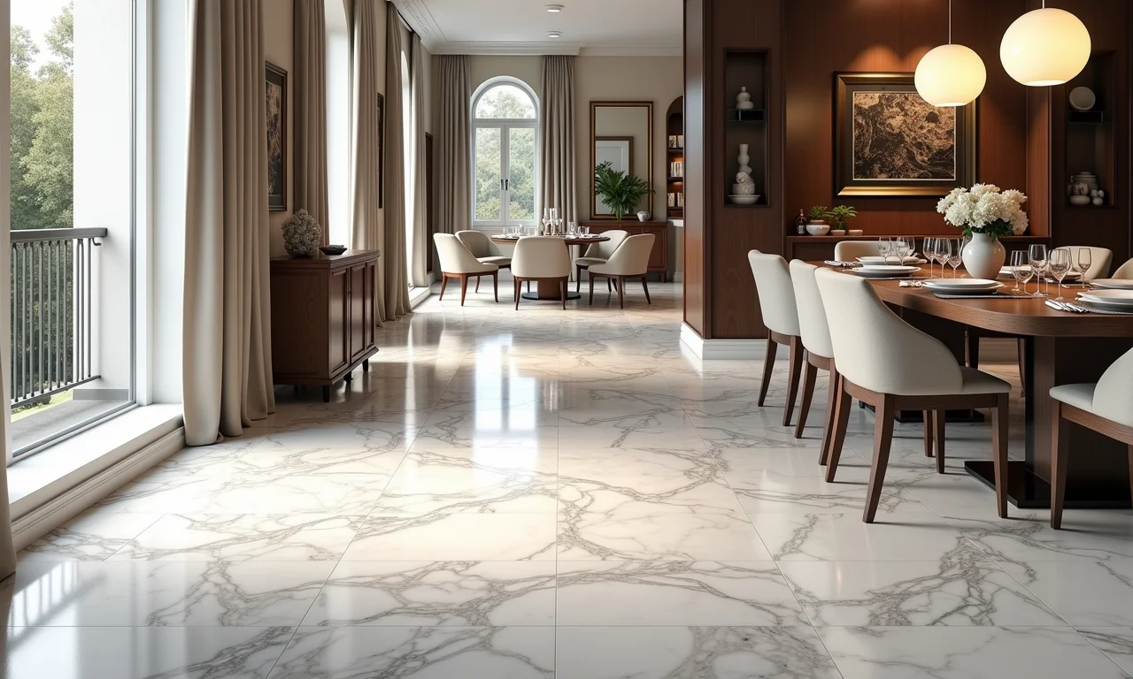 Sala de jantar elegante com piso de porcelanato marmorizado.