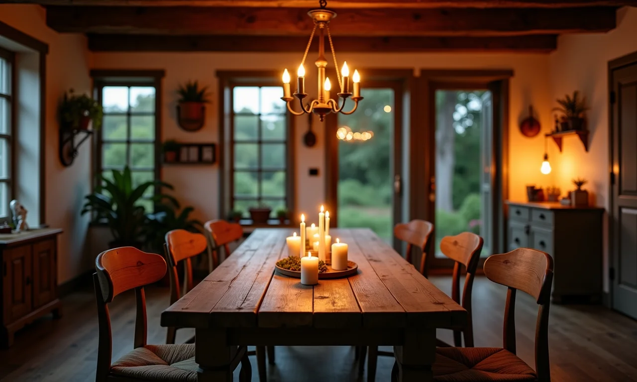 Sala de jantar farmhouse com iluminação aconchegante de lustre e velas.