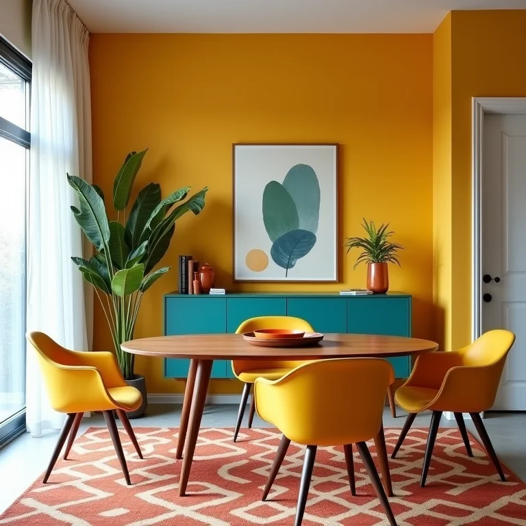 Sala de jantar mid-century modern com cores vibrantes e contrastantes.