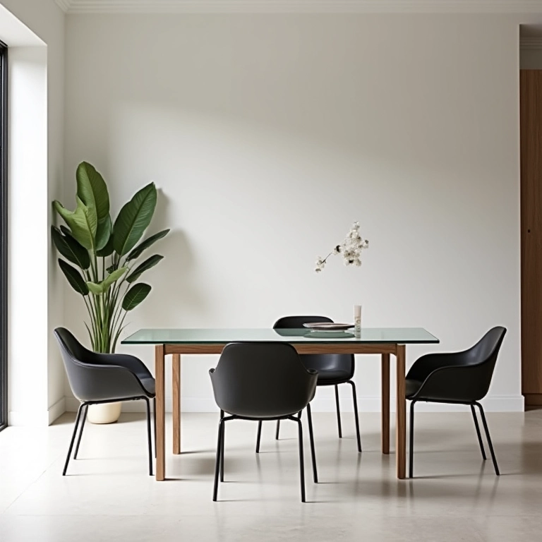 Sala de jantar minimalista com mesa de vidro e linhas limpas.