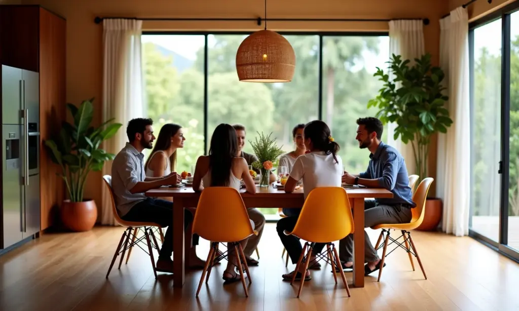 Sala de jantar moderna: A cadeira ‘Eames’ Sala de jantar moderna com cadeiras Eames e amigos reunidos.