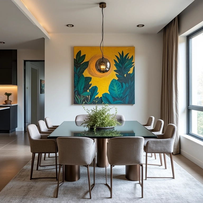 Sala de jantar moderna com mesa de vidro e detalhes metálicos.