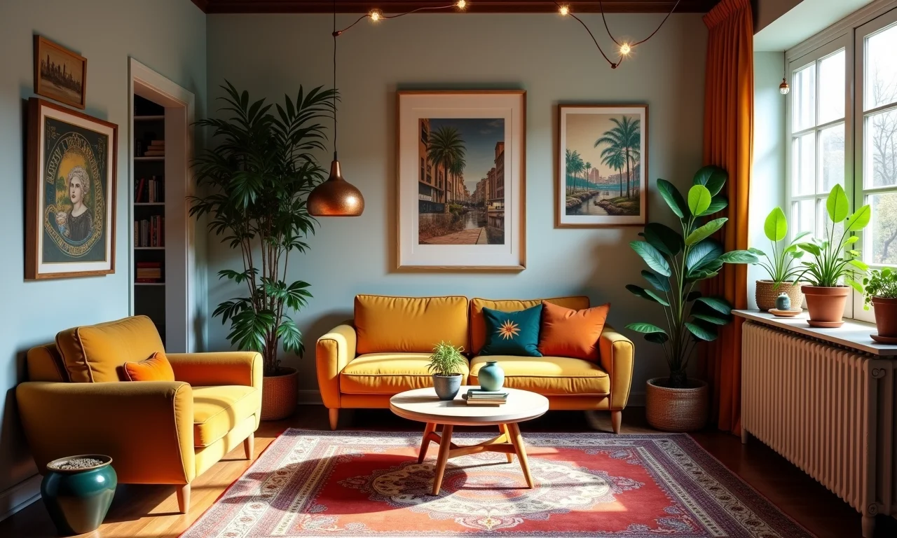 Sala eclética com diversos itens vintage, equilibrando cores e texturas.