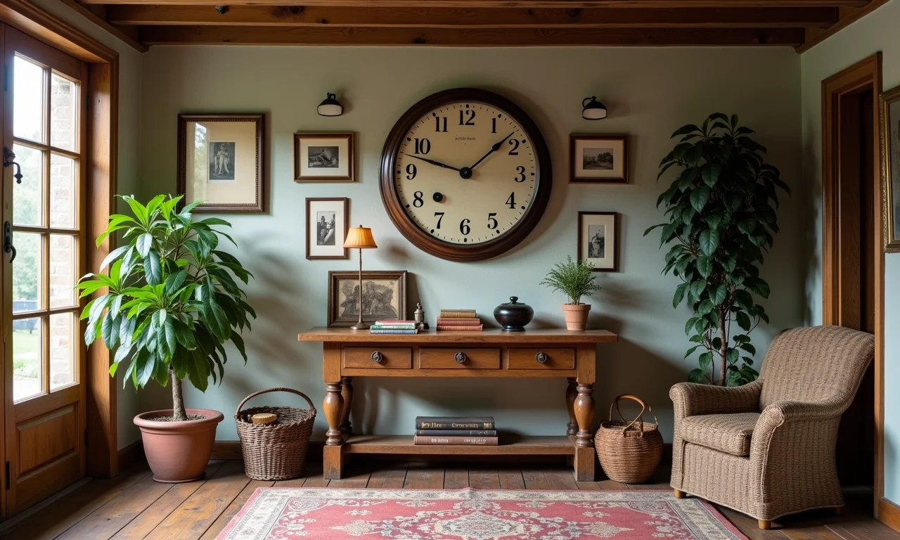 Sala farmhouse com relógio vintage, livros antigos e mesa de madeira rústica.