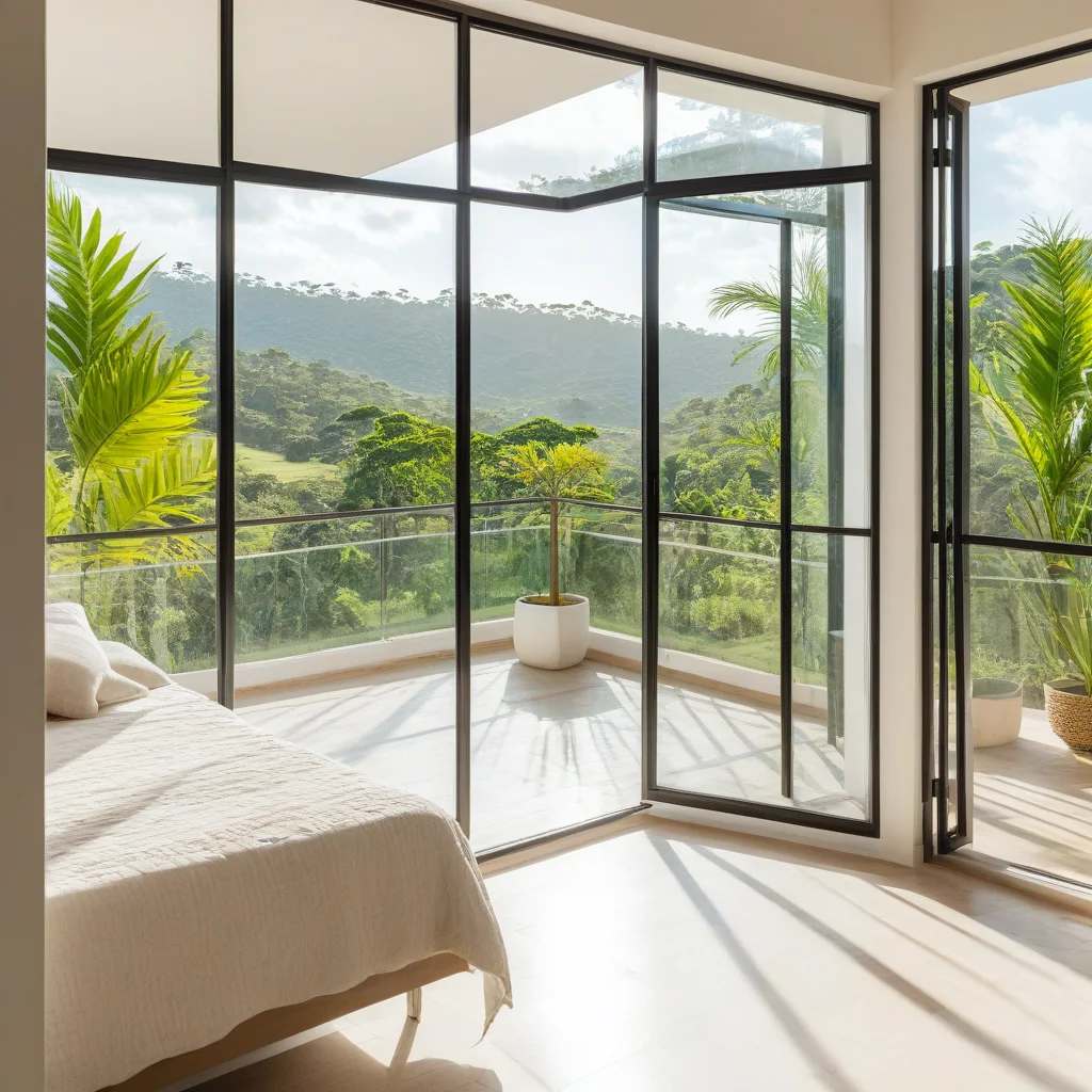 Sala iluminada com guarda-corpo de vidro permitindo a entrada de luz natural.