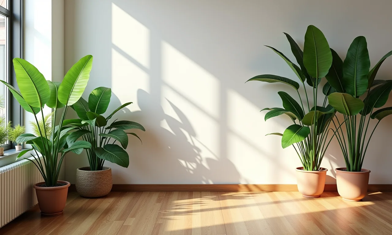 Sala iluminada com plantas verdes em vasos, luz natural e design brasileiro.