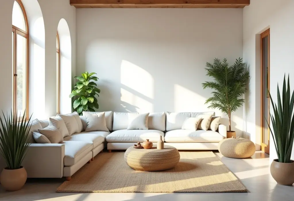 Sala mediterrânea com paredes brancas, luz natural e decoração relaxante