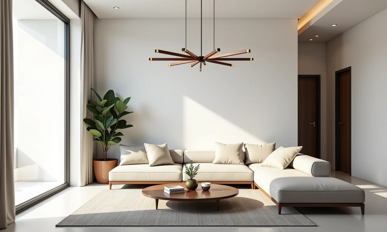 Sala minimalista com lustre de design minimalista.