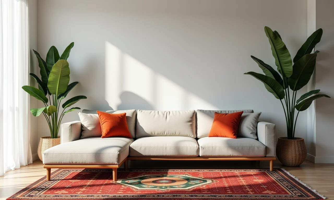 Sala minimalista com tapete exuberante e almofadas brasileiras.