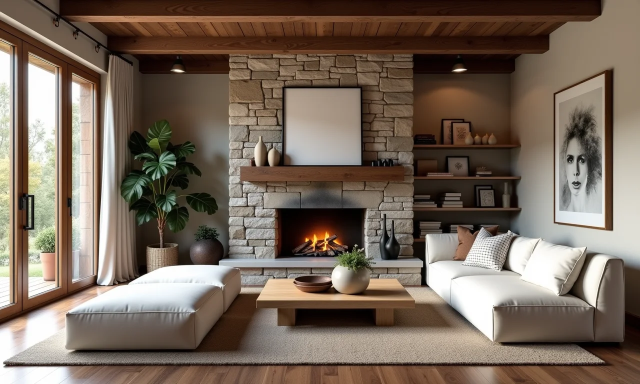 Sala rústica com lareira de pedra e sofá branco moderno.