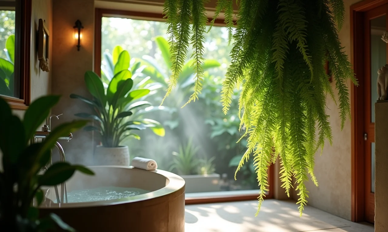 Samambaia exuberante pendurada em banheiro brasileiro.