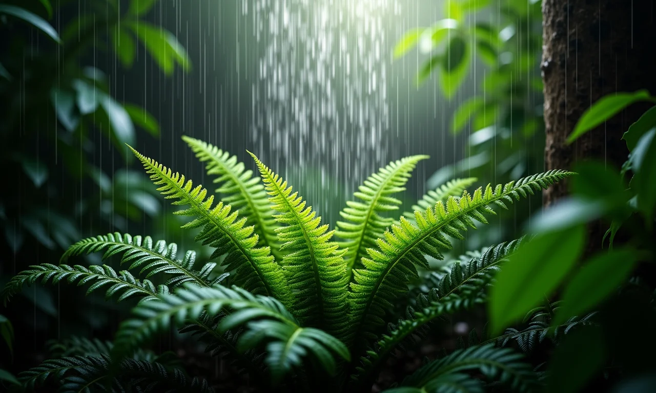 Samambaias exuberantes prosperando em um box de banheiro.