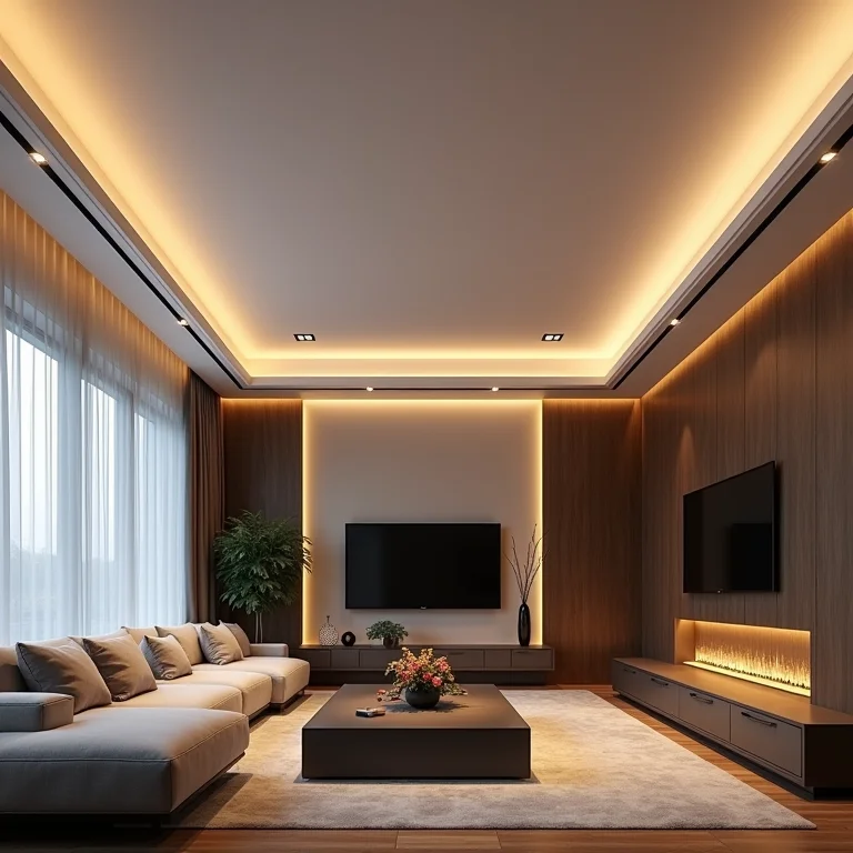 Sanca de gesso com iluminação LED em sala moderna