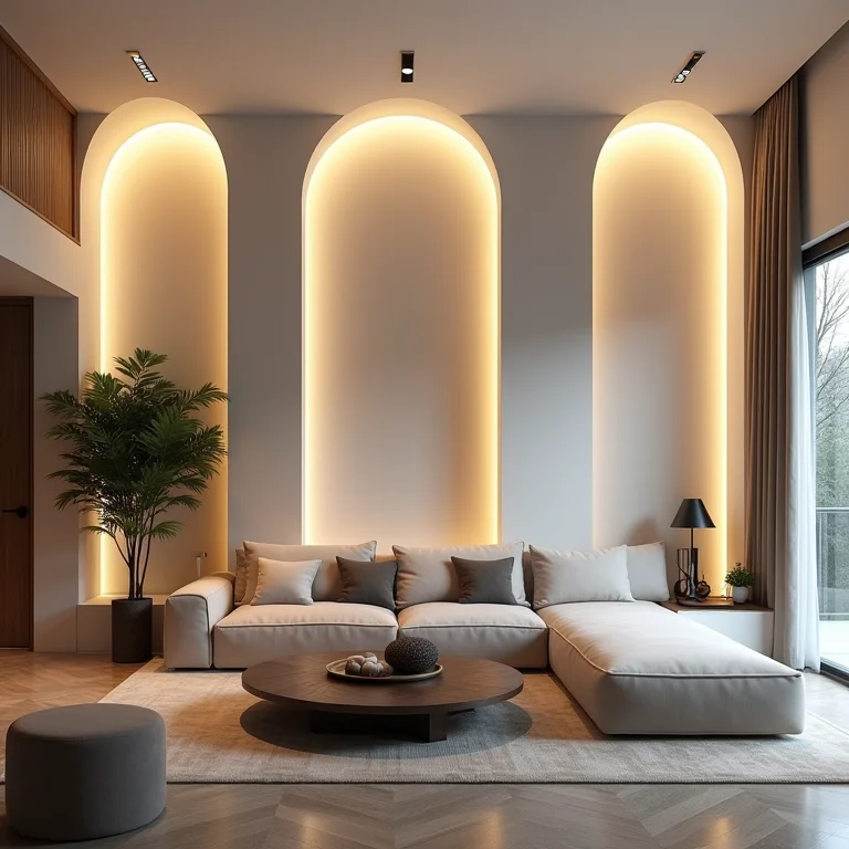 Sanca de gesso iluminada com luz indireta em sala moderna