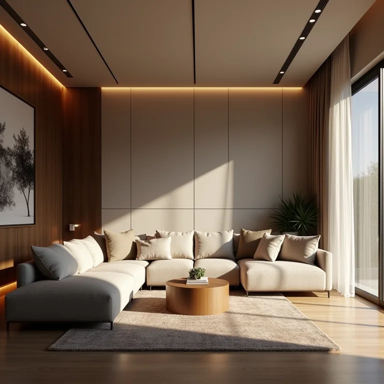 Sanca de gesso iluminada em sala de estar moderna