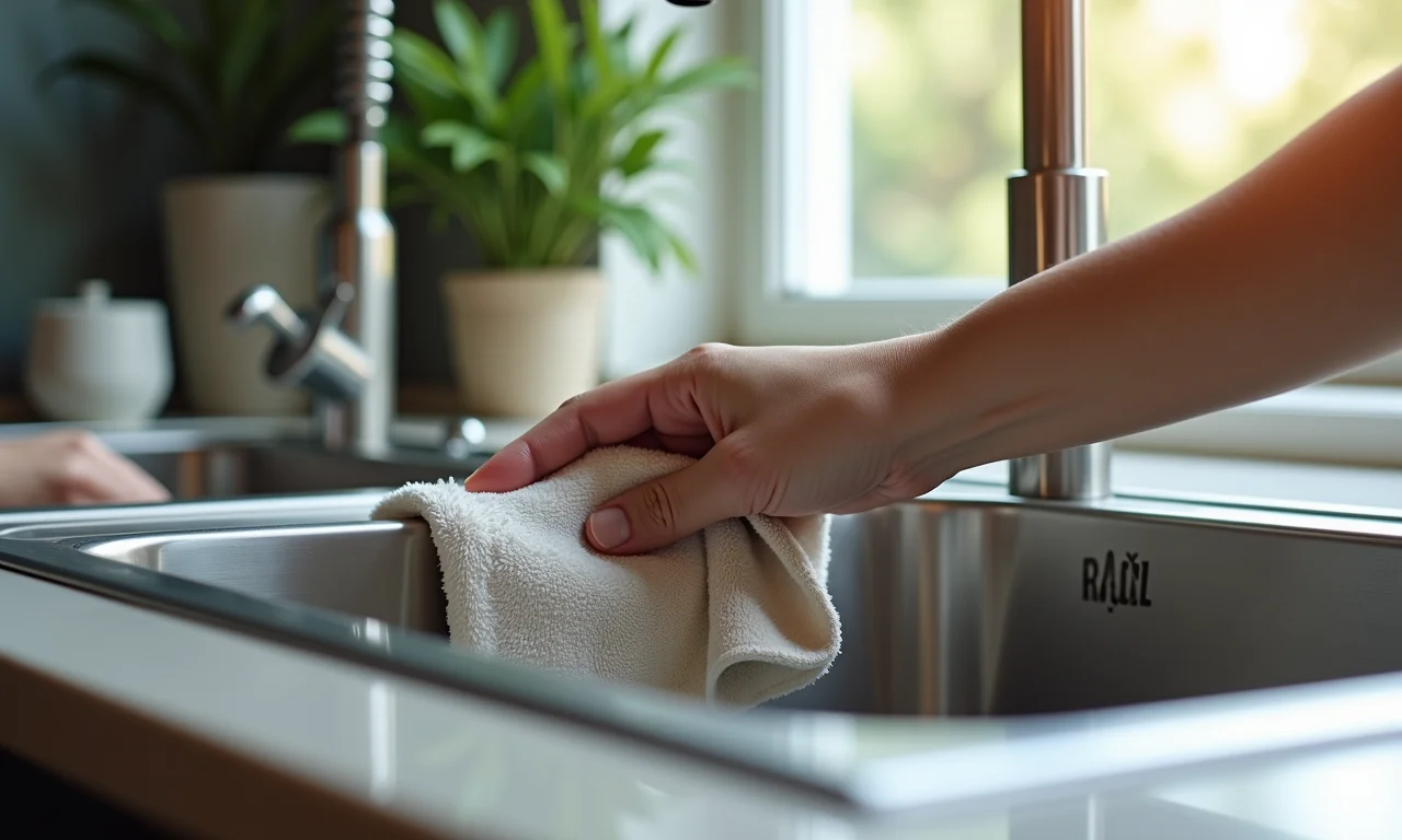 Secagem correta de uma cuba de inox para evitar manchas.