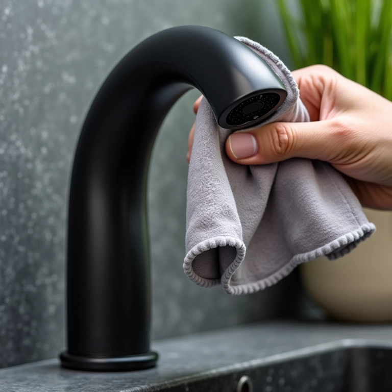 Secando torneira preta matte após a limpeza.