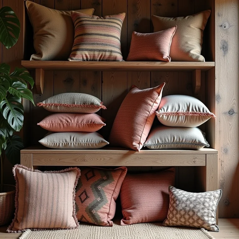 Seleção de almofadas boho autênticas em prateleira de madeira