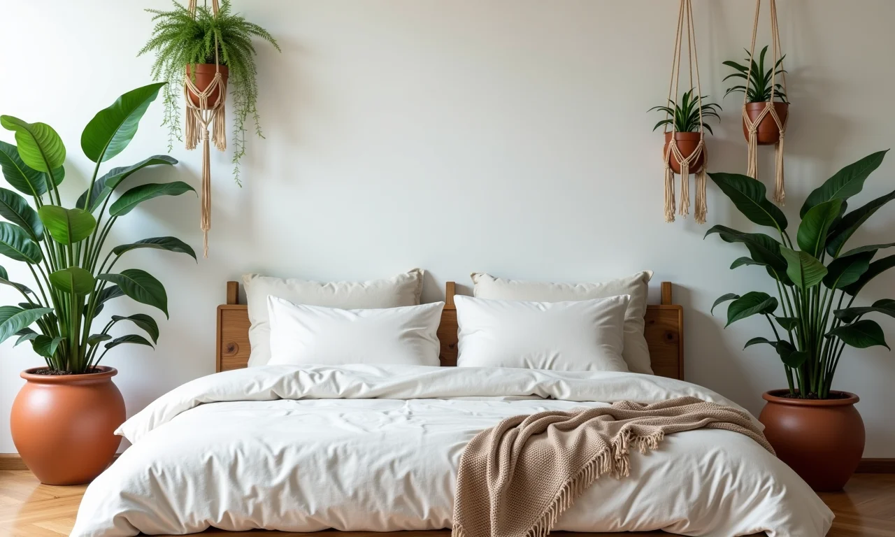 Seleção de plantas para quarto boho chic: monstera, espada de são jorge e lírio da paz.