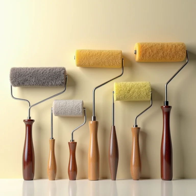 Seleção de rolos de pintura, destacando a diversidade de materiais e tamanhos.