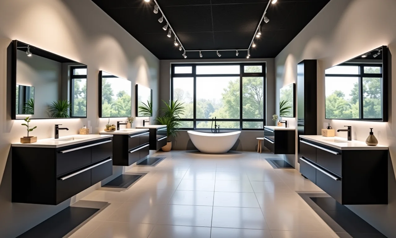 Showroom com gabinetes pretos de diferentes marcas.