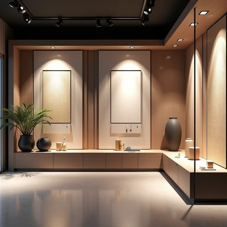 Showroom moderno com diversos designs de papel de parede 3D.